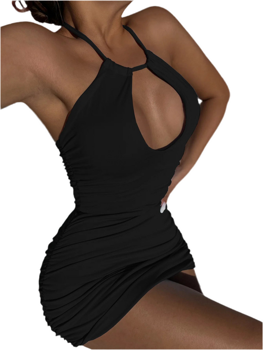 High-Neck Backless Mini Dress with Front Tie